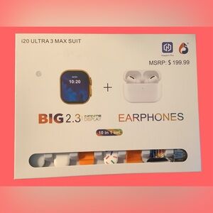 Gold Smartwatch, White Earphones 10-in-1 Set, multiple bands. 49MM aluminum case